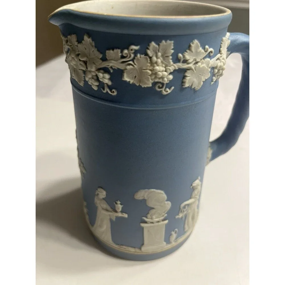 Antique 1891-1908c Wedgwood Blue Jasperware 6” Pitcher
